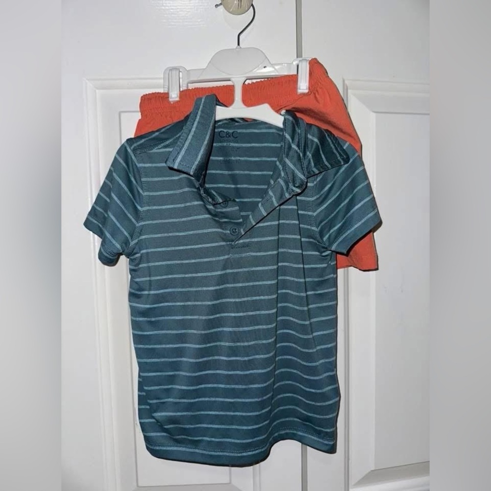 C.C Kids Teal Striped Polo and Orange Shorts Set